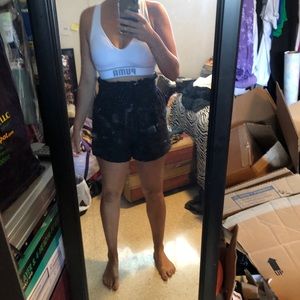 Super high rise black linen paper bag shorts